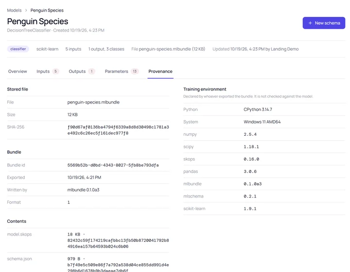 The Provenance tab of the same model: the stored file penguin-species.mlbundle with its SHA-256, the bundle id, format 1, the hash of each member such as model.skops and schema.json, and the declared training environment: CPython 3.14.7, scikit-learn 1.9.1, mlbundle 0.1.0a3, mlschema 0.2.1.
