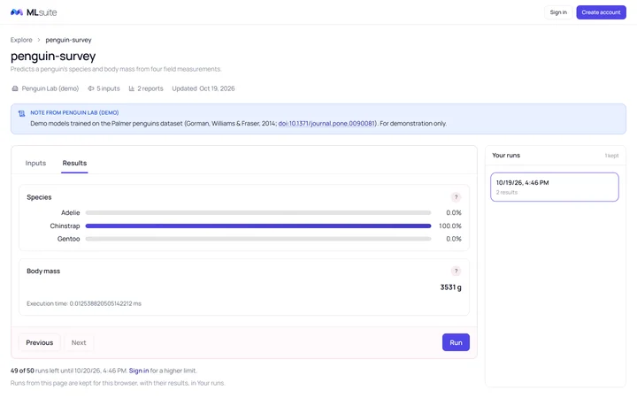 The public page of the penguin-survey bookmark, seen without an account: published by Penguin Lab (demo), 5 inputs and 2 reports, a note citing the Palmer penguins dataset with its DOI, the results of a run (Chinstrap at 100%, body mass 3531 g), the run listed under Your runs, and 49 of 50 runs left in 24 hours.